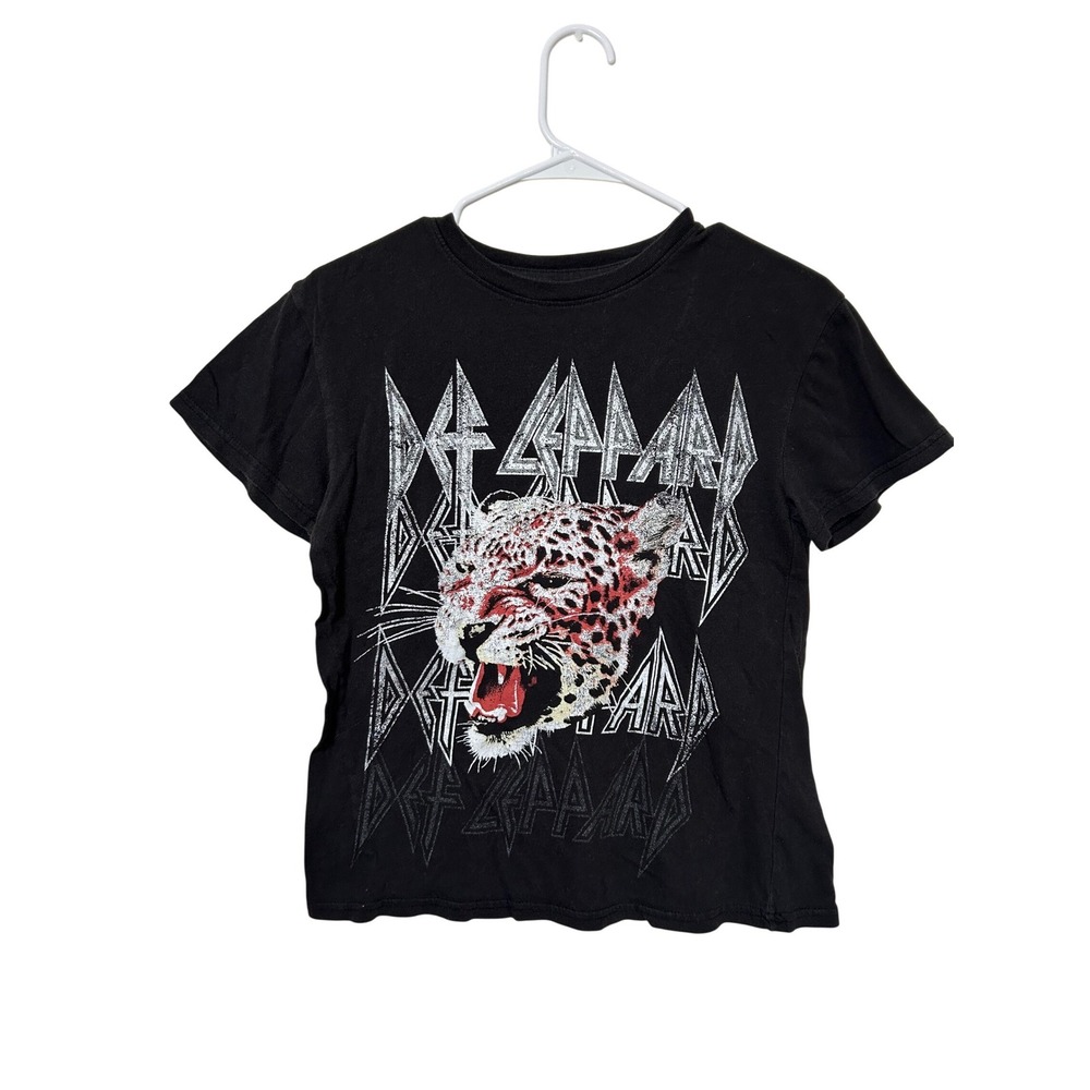 Def Leppard Graphic T-Shirt Black Leopard Logo Band Tee Womens XS Cotton